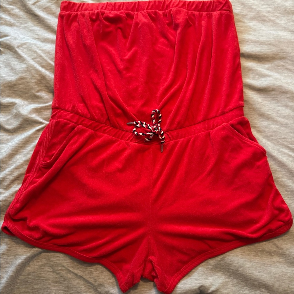Vibrant red Juicy Couture bathing suit cover up.